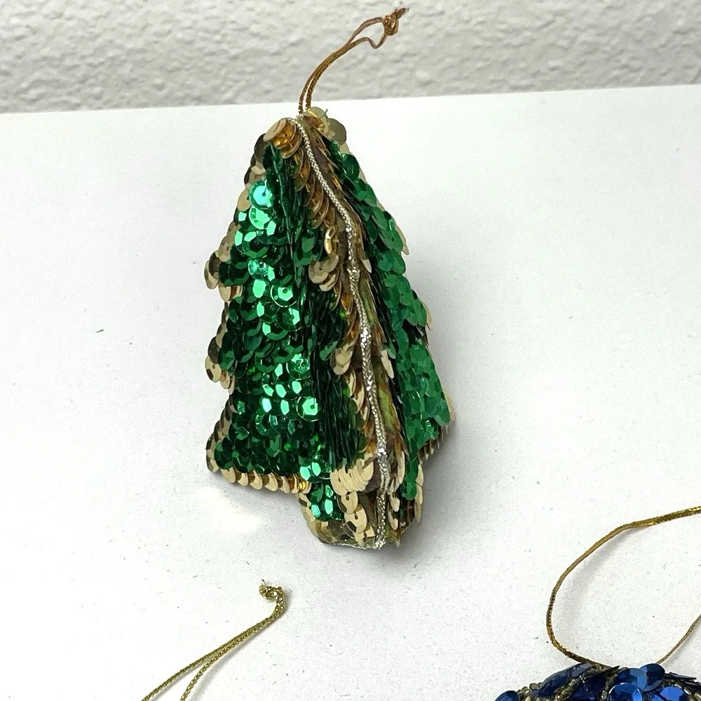 Vintage Handmade Beaded Sequin Christmas Ornaments Snowman Tree Balloon Lot of 3